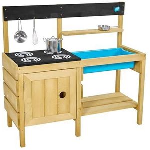 TP Speelgoed, Junior Chef Mud Kitchen, FSC-gecertificeerd hout, natte en droge activiteit, inclusief spatbad, pannen en accessoires. Voor zand, water, zintuiglijk en rommelig spel, vanaf 3 jaar