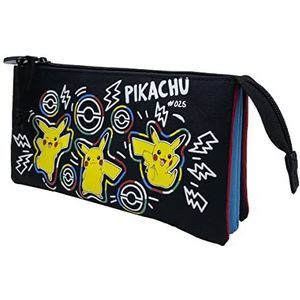 Pokémon Pikachu, drievoudig etui, 5 vakken, schoolmateriaal, etui, kleurrijk, zwart, officieel product (CyP Brands)