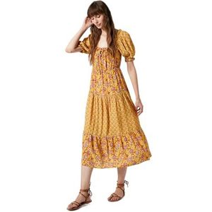 Koton Dames pofmouwen etnisch patroon viscose midi jurk, Oranje design (2d0), 42