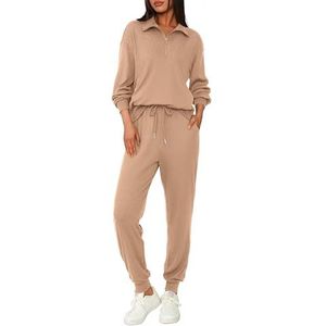 BTFBM Women's 2 Piece Tracksuit Fall Outfits 2025 Long Sleeve Half Zip Sweatshirt Sweatpants Lounge Set Sweatsuits(Solid Khaki,Large)