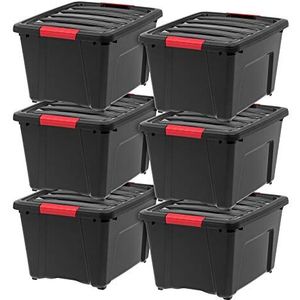 IRIS USA 32 Qt Stapelbare Plastic Opbergbakken met Deksels, 6 Pack - BPA-vrij, Made in USA - Garage Organisatie Oplossing, Sluitingen, Duurzame Nestbare Containers, Veilige Pull Handle - Zwart