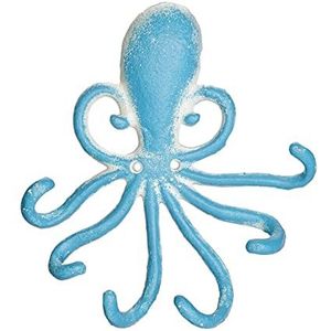 Relaxdays wandhaak octopus, 6 kapstokhaken, gietijzer, HxBxD 16,5 x 15,5 x 4 cm, antiek sleutelrekje, lichtblauw/wit