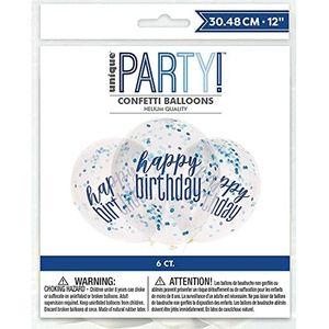 Unique Party 56451 12 inch blauwe en zilveren ballonnen | Happy Birthday Printed Glitz met confetti | 6ct Clear Latex 6 stuks
