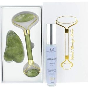 Gua-Sha Jade Roller + collageen serum (15 ml) voor het gezicht, gezichtsroller massage met Gua Sha schraper, kan effectief tegen rimpels zijn