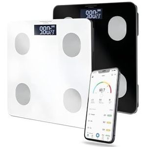 Avilia - Intelligente digitale weegschaal van gehard glas met app voor volledige lichaamsanalyse, groot lcd-display, step-on-technologie en meergebruikersfunctie voor controle van het gewicht