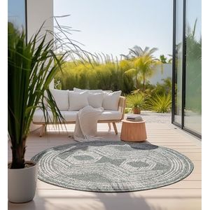 Elle Decoration Binnen en buiten tapijt, rond, omkeerbaar tapijt, weerbestendig en waterdicht, modern boho-etnopatroon, rond outdoortapijt voor tuin, balkon, terras, woonkamer, groen, 140 cm