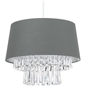 Relaxdays hanglamp stof, plafondlamp met ronde lampenkap, met kristallen, E27-fitting, HxØ: 130 x 32, in het grijs