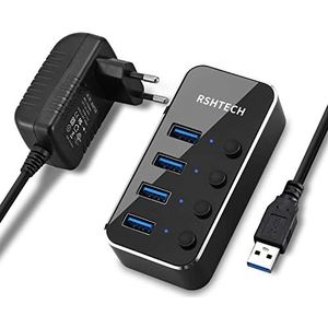 RSHTECH USB Hub Active 3.0 met voeding, USB 3.0 hub actief met 4 poorten USB-verdeler 3.0 data-hub met 10 W (5 V/2 A) voeding en enkele schakelaar, voor gegevensoverdracht, licht en draagbaar