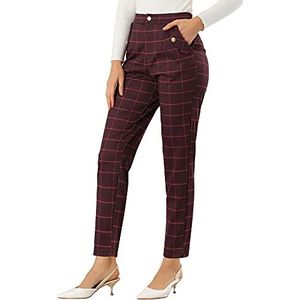 Allegra K Dames vintage tartan geruite broek elastische taille rechte lange broek, Bourgondy, XL