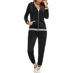 Enjyam Dames velours trainingspak knuffelig Nicki huispak 2-delig joggingpak fluweelzacht geribbelde rits jas en broek met zak, zwart, XL