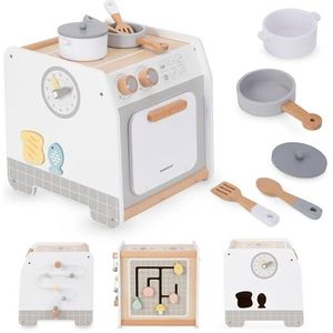 Mamabrum, houten keuken - educatieve kubus houten keuken, kookpot, potdeksel, koekenpan, spatel, lepel, sneetje brood speelkeuken kinderpoppenkeuken