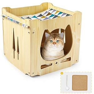 Todeco Kattenhuis van hout, dubbellaags, met hangmat, 34 x 34 x 34 cm, met krabplank en bal voor katten, voor binnen of buiten, kleine honden en katten