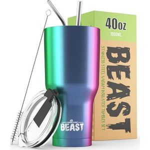 BEAST Koffiethermobeker, 1100 ml, regenboog, roestvrij staal, herbruikbaar, thermobeker, 2 rietjes en reinigingsborstel, dubbelwandig, warme of ijskoffie