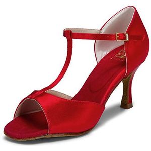 JIAJIA 20511 Latin Dames Sandalen 7,5 cm Uitlopende Hak Supersatijn Dans Schoenen Kleur Rood,Grootte 39 EU