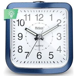 Mebus kwartswekker, stil zonder te tikken, lichtgevende wijzer, alarm met alarm met alarmherhaling (snooze), wijzerplaatverlichting met een druk op de knop, kleur: blauw, model: 26158