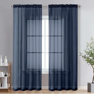 OVZME - Set van 2 - Transparante Gordijnen - Marineblauw - 241,3 cm lang - Voile met Stangdoorvoer