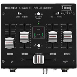 IMG STAGELINE MPX-20USB 3-kanaals stereo DJ-mixer met USB-interface, audioconsole met USB-audio-interface, mengconsole met stevige en compacte metalen behuizing, zwart