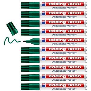 edding 3000 permanent marker - groen - 10 stiften - ronde punt 1,5-3 mm - sneldrogende permanent marker - water- en wrijfvast - voor karton, kunststof, hout, metaal - universele marker
