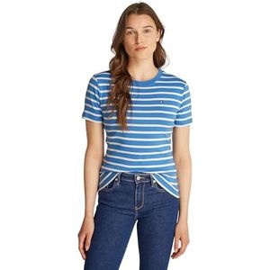 Tommy Hilfiger Dames korte mouwen gebreide tops, Blauw (Fine Stp Blue Spell/Ivory Petal), L