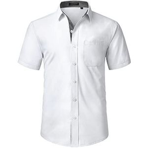 HISDERN Overhemd met korte mouwen voor heren, zakelijk, casual, zomers herenoverhemd, normale pasvorm, met zakken, Wit, L