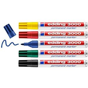 edding 3000 permanent marker - rood, blauw, groen, geel, zwart - set van 5 - ronde punt 1,5-3 mm - sneldrogend, water- en wrijfvast - voor karton, kunststof, hout, metaal - universele marker