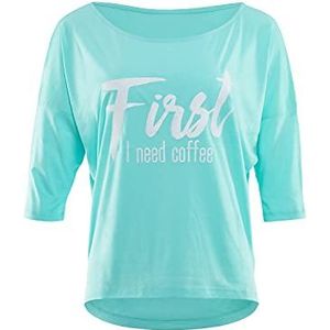 Winshape Dames ultra licht modal-3/4-mouw shirt MCS001 met witte ""First I need coffee"" glitteropdruk, Winshape Dance Style, fitness, vrije tijd, sport, yoga, workout