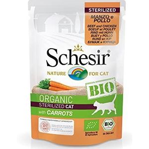 Schesir Cat Biologisch gesteriliseerd rund en kip met wortelen, kattenvoer nat voor gesteriliseerde katten, 16 zakjes x 85 g