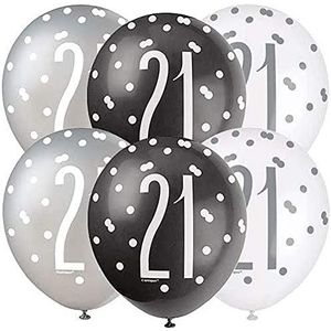 Unique Party 83384 Dots 21e Verjaardag Latex Ballonnen, 12 inch | Verschillende | 6 Stks, Zwart, Leeftijd 21