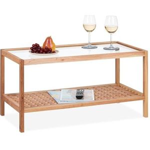 Relaxdays salontafel, bijzettafel met glazen blad, walnotenhout, HxBxD: 40 x 80 x 40 cm, koffietafel, woonkamer, natuur