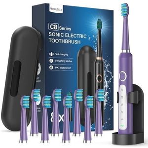 Elektrische ultrasone tandenborstels voor volwassenen, met 8 borstelkoppen, 5 modi, elektrische tandenborstel met etui, IPX7, ultrasone elektrische tandenborstel voor gezinnen, reizen, donkerpaars