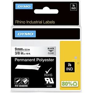 DYMO Rhino Industrie Permanente polyester etiketten | 9 mm x 5,5 m | zwart op transparant | zelfklevende tape | voor DYMO Rhino en LabelManager labelprinter