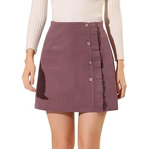Allegra K Women's Corduroy Vintage Button Decor Ruffled Trim High Waist Short Skirt Large Dark Pink