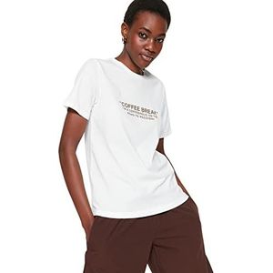 Trendyol Gebreid T-shirt voor dames, regular fit, basic, ronde hals, Ecru, M