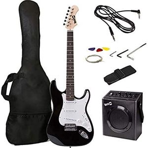 RockJam RJ20WAR2 superkit voor elektrische gitaar op ware grootte met gitaarversterker, gitaarsnaren, gitaartuner, gitaarriem, gitaarkoffer en kabel, zwart