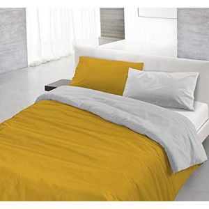 Italian Bed Linen Natuurlijke kleur Dekbedovertrek Set met Doubleface Effen Kleur Tas Sheet en Kussensloop, 100% Katoen, Mosterd/Lichtgrijs, kleine dubbele