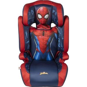Marvel Spiderman autostoel voor kinderen met een hoogte van 100 tot 150 cm met afbeeldingen van de Spiderman Seperheld op rode en blauwe achtergrond