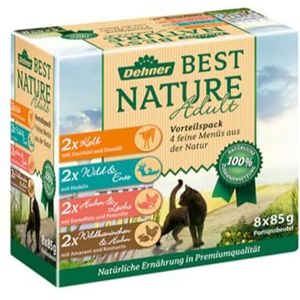 Dehner Best Nature Adult Cat Food, Multipack, 2 x kalf, wild, kip en konijn, in een zakje, 8 x 85 g (680 g)