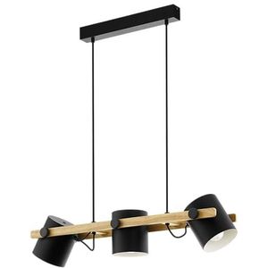 EGLO Hornwood hanglamp, 3-lichts vintage pendellamp in industrieel ontwerp, retro plafondlamp hangend van staal en hout, kleur zwart, crème, bruin, FSC-gecertificeerd, E27