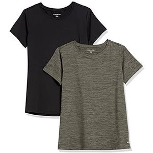Amazon Essentials Dames Tech Stretch T-shirt met korte mouwen en ronde hals (verkrijgbaar in grote maten), 2-Pack, Olijfgroen Ruimteverf/Zwart, XS