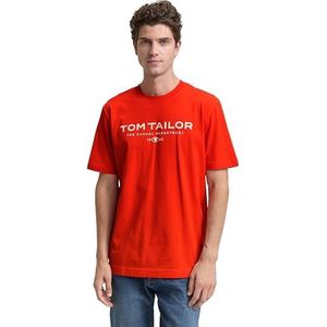 TOM TAILOR Heren T-shirt van katoen met logo-print, 12913 - Tango Orange, XXL