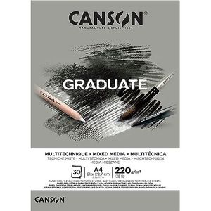 CANSON Graduate, gemiddeld gemengd papier, dubbelzijdig: generfd en glad, 220 g, aan de korte zijde gelijmd, A4, grijs, 30 vellen