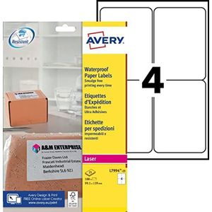 Avery Zelfklevende weerbestendige pakketlabels, laserprinters (99,1 x 139 mm etiketten, 4 etiketten per A4-blad, 25 vellen), 100 etiketten, weerbestendig (L7994), wit