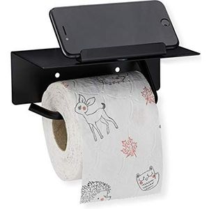 Relaxdays Toiletrolhouder met plankje - zelfklevend - wc-rolhouder zonder boren - zwart