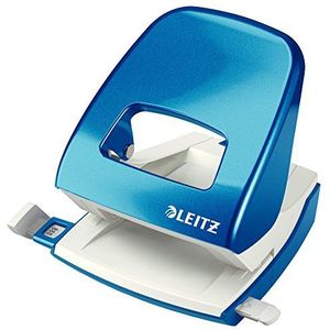 Leitz Kantoorperforator van metaal, voor 30 vellen, aanslagrail met formaatspecificaties, ergonomisch design, blisterverpakking, blauw, WOW-serie, 50082036