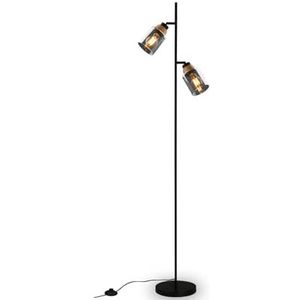 BRILONER – Vloerlamp als decoratie in de woonkamer en leeslamp, draaibare lamp, woonkamerlamp, voetknop, rookglas, zwart hout