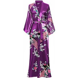 BABEYOND Dames kimono badjas lange gewaden met pauw en bloemen bedrukt, Donker Paars, One Size