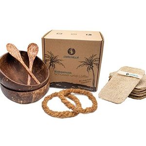 Chinchilla® Set van 2 kokosnootschelpen + loofah-spons, natuurlijke kokosnootschelpen, duurzame loofah komkommer keukenspons, wasbaar en herbruikbaar, duurzaam en veganistisch