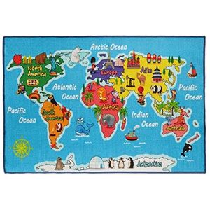 Relaxdays speelkleed wereldkaart, 150 x 100 cm, antislip, dieren en oceanen, educatief, speelmat voor kinderkamer, blauw