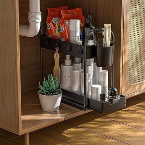 Under Kitchen Sink Organizer Under MUDEELA Easy Slide Badkamer Organizer Onder Gootsteen met Opknoping Cup 4 Haken, Multifunctionele Keuken Organisatoren voor Kast, Zwart