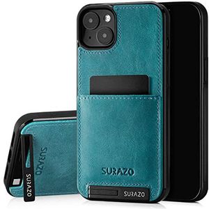 SURAZO Echt leren achterhoesje voor Apple iPhone 15 Plus, stootvast leren telefoonhoes met kaartenvak, standfunctie, sleutelhanger, vintage slim bumper beschermhoes (turquoise)